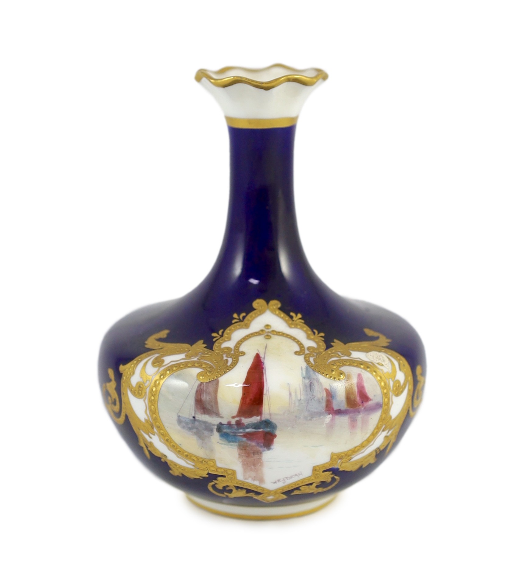 A small Royal Crown Derby vase, painted with boats by WEJ Dean, 11 cms high